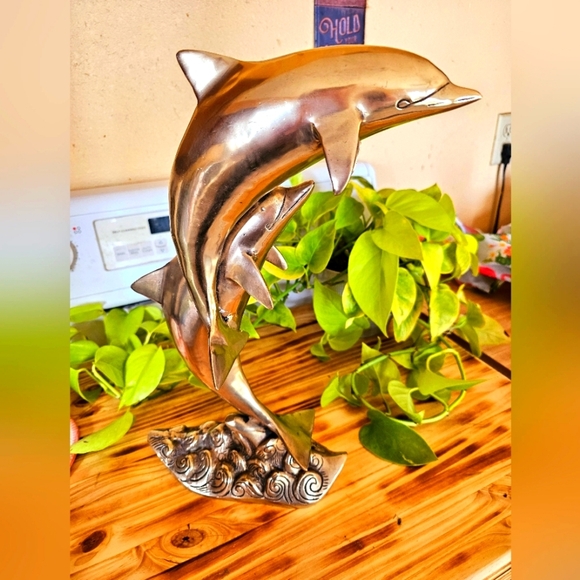 Large Vintage Brass Twin Dolphin Statue